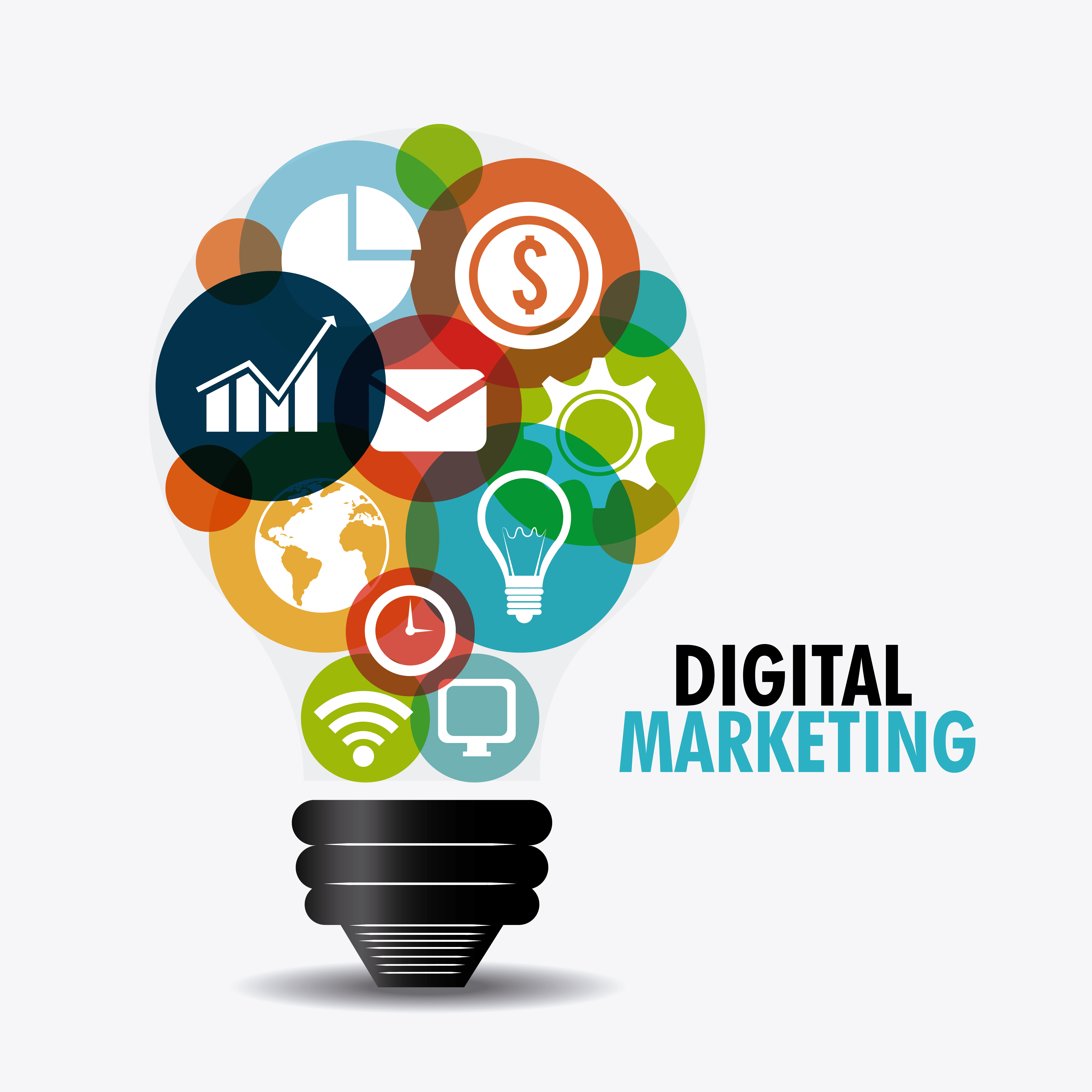 digital marketing icons in light bulb shape